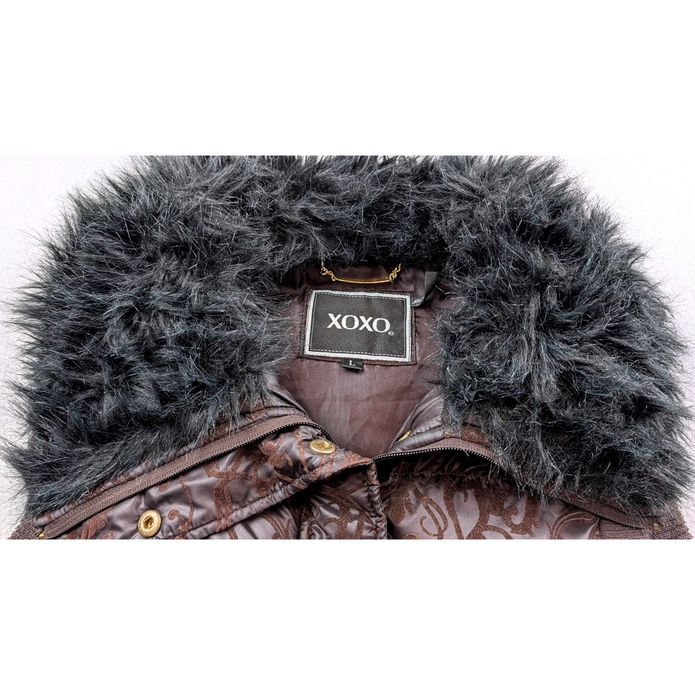 XOXO Womens Brown Damask Puffer Vest Faux Fur Collar Quilted Zip Up Size Large - Picture 3 of 7